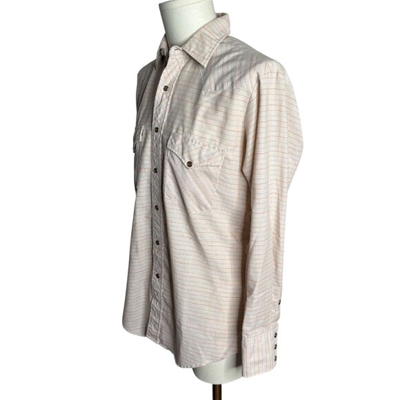 Vintage 70s H Bar C Pearl Snap Western Shirt 15.5 x 33 Beige Plaid Long Tail - Picture 3 of 6
